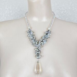 Crystal Faceted Glass Faux Pearl Cluster Y Statement Necklace‎ Prism Drippy Bead